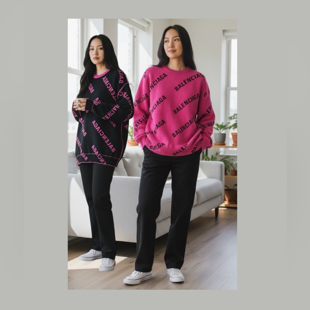 Balenciaga Black and Pink Reversible Logo Crewneck Unisex Sweater Size Medium